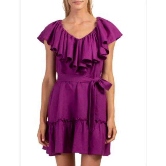 Trina Turk Out of Office Womens 100% Linen Ruffle Mini Dress Sz L Purple Coastal - Picture 1 of 9